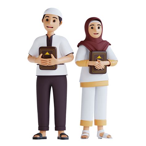 D Render Muslim Boy And Girl Stand Carrying Al Quran Png