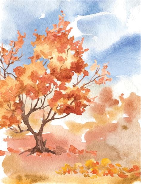 Aquarell Herbstlandschaft Naturhintergrund Im Herbst Premium Vektor