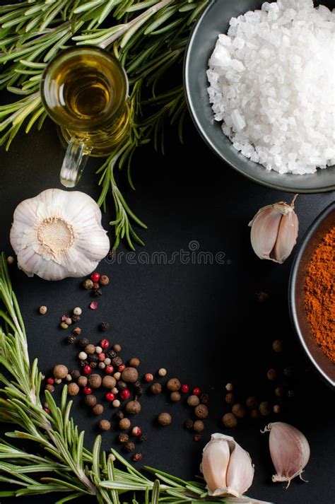 Spices Rosemary Allspice Garlic Oil And Salt Stock Image Image Of