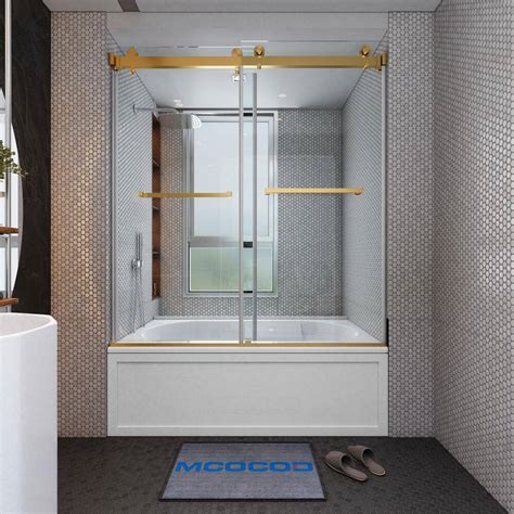 Mcocod 60 In W X 66 In H Double Sliding Frameless Tub Door In Brushed Gold With Smooth Sliding