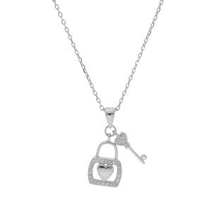 Collier En Argent Rhodi Cha Ne Avec Pendentif Cadenas Coeur Et Clef