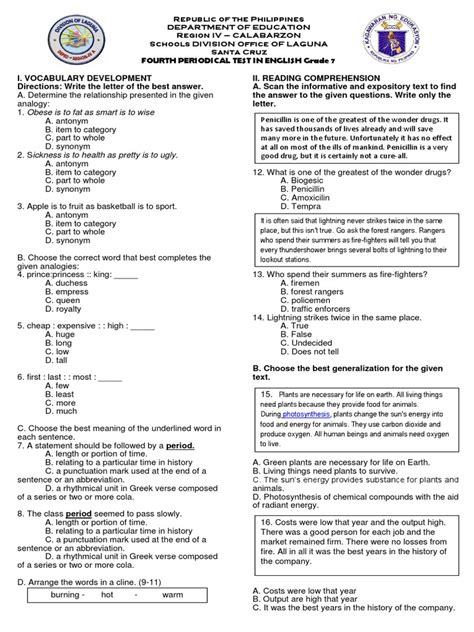 Grade 7 4th Quarter Exam Pdf Carbon Chocolate