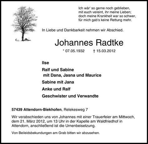 Traueranzeigen Von Johannes Radtke Trauer In NRW De