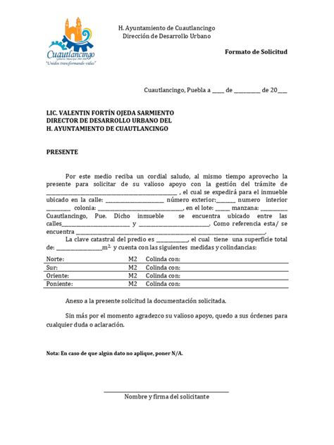 Formato De Solicitud Desarrollo Urbano Pdf