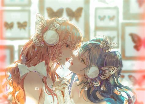 2girls Blue Hair Butterfly Close Hatsune Miku Headphones Kiss Long Hair Magnet Vocaloid