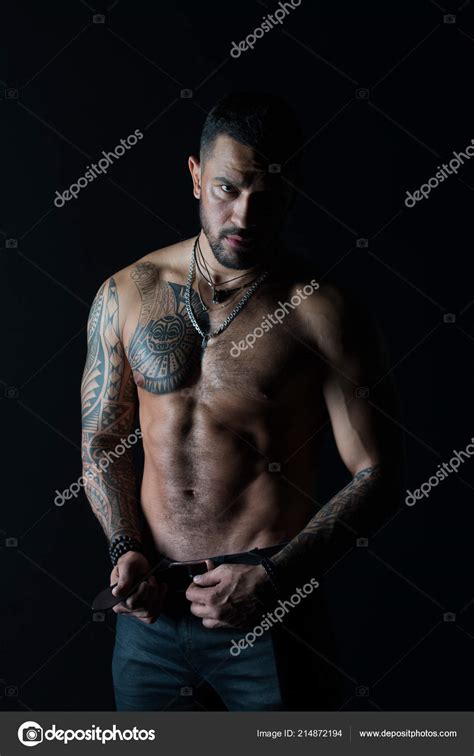 Fashion Model Buckle Leather Belt In Jeans Man With Tattoo Design On Skin Bearded Man