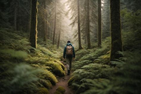 Premium AI Image | An image of a traveler hiking through a dense forest ...