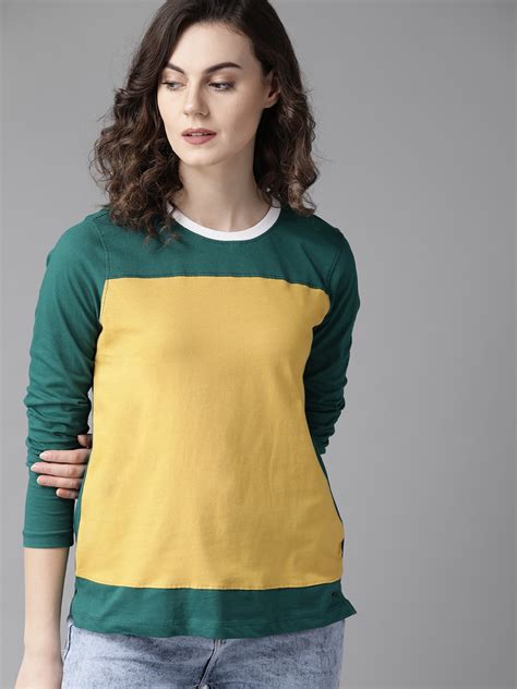 Buy Roadster Women Mustard Yellow Green Colourblocked Round Neck Pure