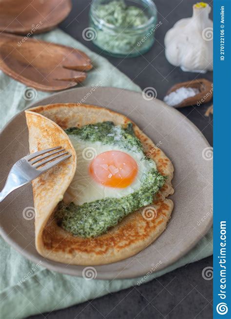 Galette De Sarasin French Buckwheat Crepe With Egg And Bacon Stock