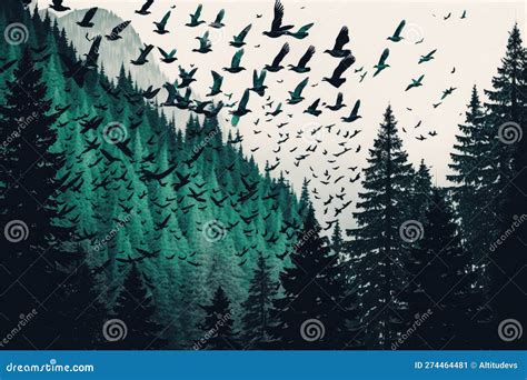 Flock Of Migratory Birds Over A Marsh Stock Illustration