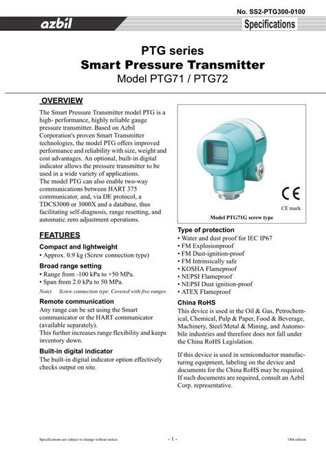 PDF PTG Series Smart Pressure Transmitter Azbil North AmericaThe