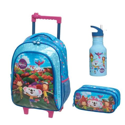 Kit Mochila de Rodinhas Estojo Duplo Garrafa Lilica Ripilica Céu