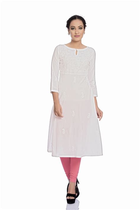 White A Line Lucknow Chikankari Kurta With White Thread Chikan