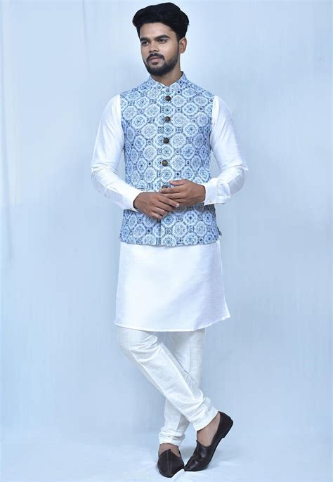 Embroidered Art Silk Nehru Jacket In Light Blue Mtx3054