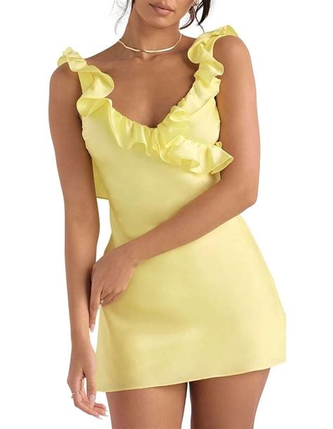 House Of Cb Tink Satin Ruffle Mini Dress In Yellow Myer Kleider Hoco Kleider Rüschenkleid