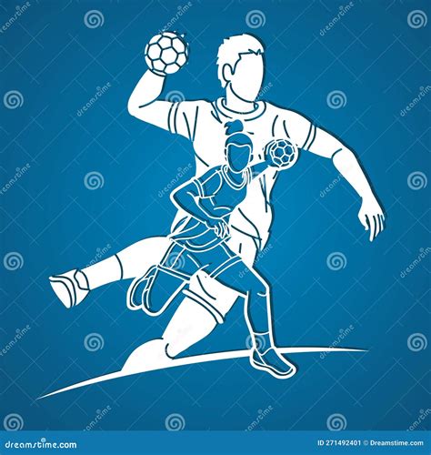 Handball Sport Team Male And Female Players Mix Action Cartoon Graphic