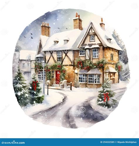 Christmas House Decoration in the Snow Drawing and Watercolor Stock Illustration - Illustration ...