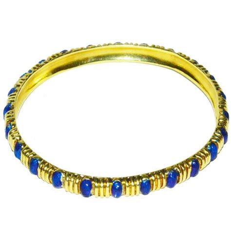 Classic Tiffany And Co Gold And Blue Enamel Bangle Bracelet For Sale