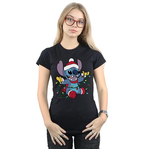 Disney Womens Lilo And Stitch Christmas Lights Cotton T Shirt Walmart