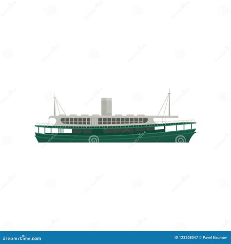 Flat Vector Icon of Famous Hong Kong Ferry. Large Green Ship for