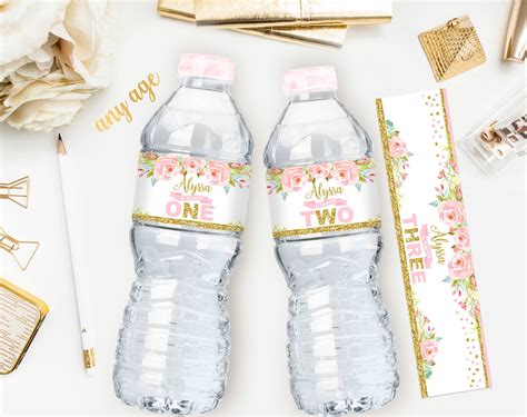 Pink And Gold Water Bottle Labels Printable Boho Floral First