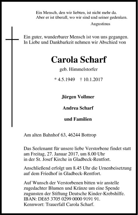 Traueranzeigen Von Carola Scharf Trauer In Nrw De