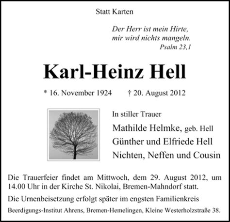 Traueranzeigen Von Karl Heinz Hell Trauer And Gedenken