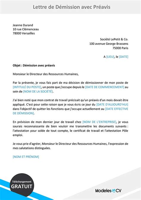 Modèle de Lettre de Démission avec Préavis Gratuit