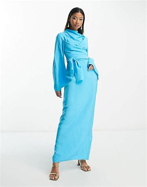 Asos Design High Neck Maxi Dress With Wrap Waist And Fluted Sleeve In