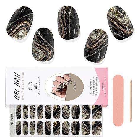 Amazon Kalolary Semi Cured Gel Nail Strips Black Marble Full