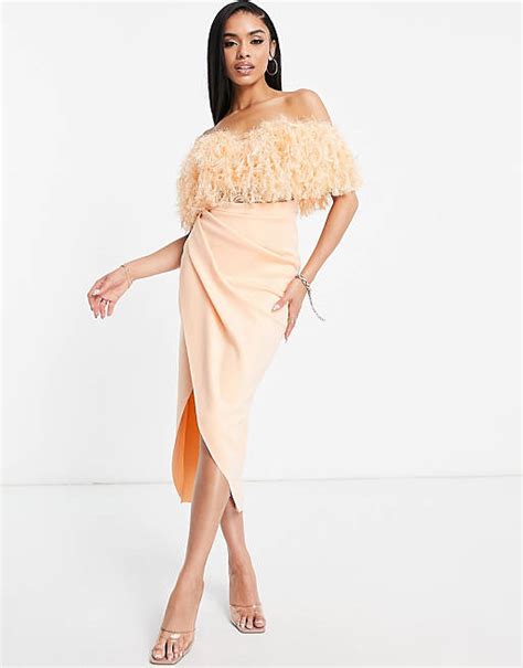 Asos Design 2 Piece Off Shoulder Pencil Wrap Tuck Faux Feather Midi