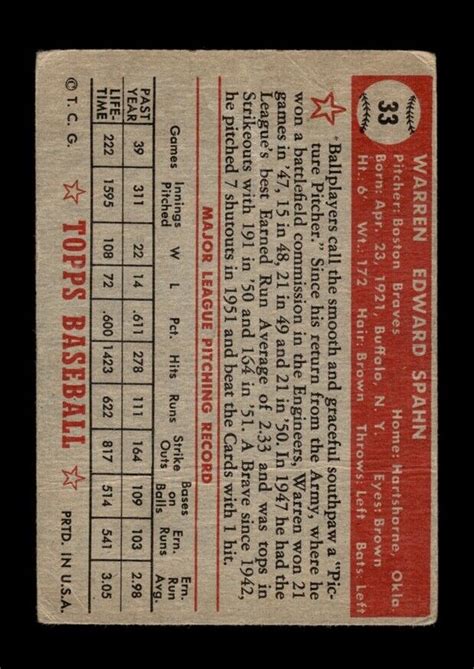 1952 Topps Set Break 33 Warren Spahn LOW GRADE Filler GMCARDS EBay