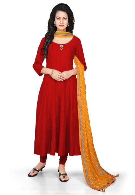 Buy Plain Cotton Silk Anarkali Suit In Red Online Kjn Utsav Fashion