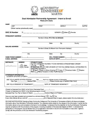 Fillable Online Dscc Intent To Enroll Form Pdf Dyersburg State