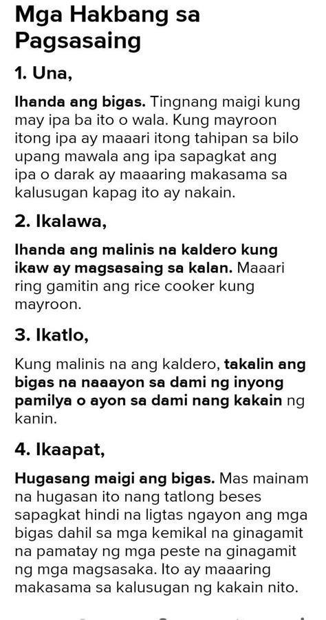 Isulat Ang Mnga Paraan O Tamang Pagkaka Sunod Sunod Ng Pagsasaing Ng