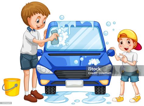 ayah  anak mencuci mobil  latar belakang putih ilustrasi stok
