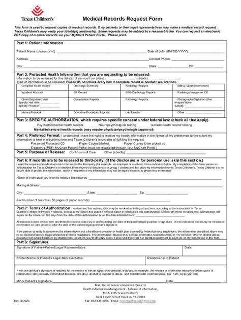 2021 2024 Tx Texas Childrens Medical Records Request Form Fill Online