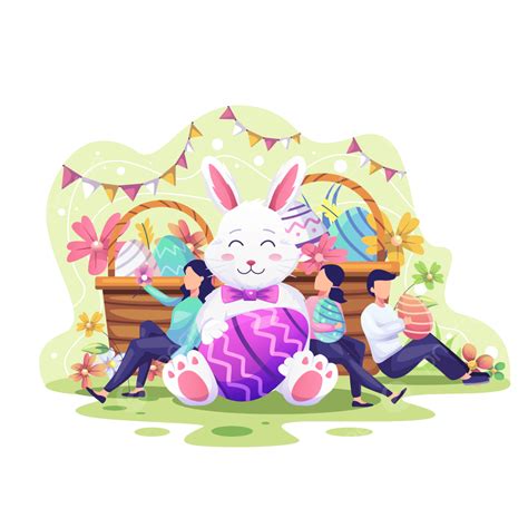 Happy People Celebrate Easter Day With A Bunny Baskets Full Of Eggs And Flowers Vector