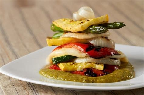 Grilled Vegetable Stack With Oaxaca Cheese And Tomatillo Lime Avocado