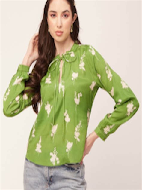 Buy Moomaya Floral Printed Tie Up Neck Cuffed Sleeves Top Tops For