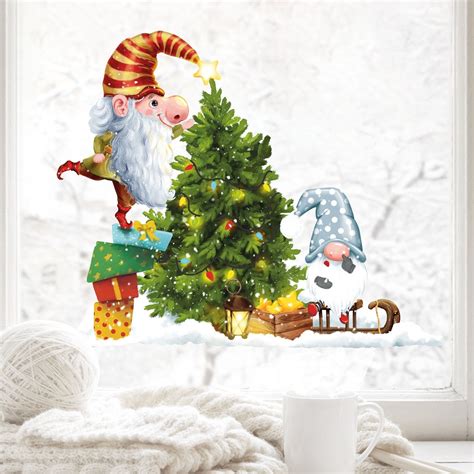 Fensterbild Weihnachten Winter Zwerge Auf Schlitten Mit Weihnachtsbaum