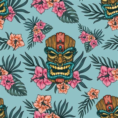 Mod Le Tropical Sans Couture Avec Masque Tiki Polyn Sien Et Fleurs D