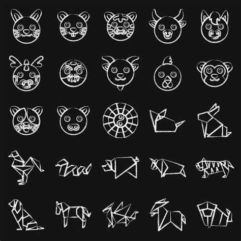 Icon set of chinese zodiac. Chinese Zodiac elements. Icons in chalk ...