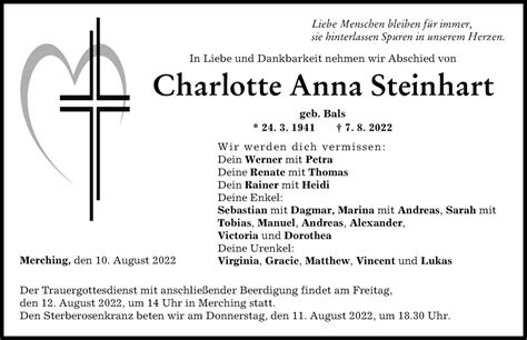 Traueranzeigen Von Charlotte Anna Steinhart Augsburger Allgemeine Zeitung