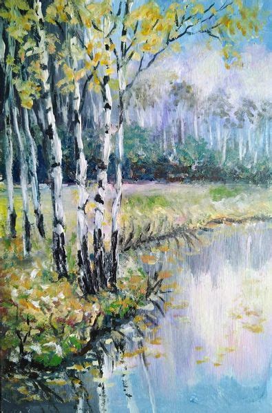 Herbstlandschaft Mit Birken Landschaft Wald See Acrylmalerei Von