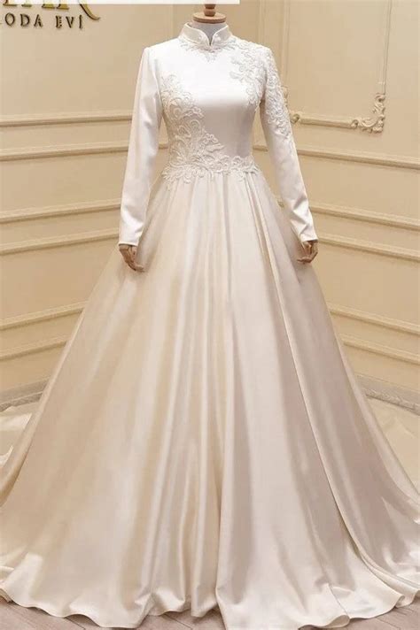 A Line Satin Muslim Wedding Dress With Embroidery Tanya Bridal