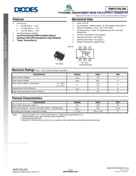 DMP2130LDM Datasheet PDF P Channel MOSFET