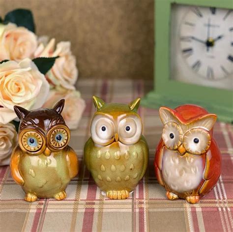 Cute Ceramic Owl Figurine Set Set Of 3 Pieces Decorative Pottery