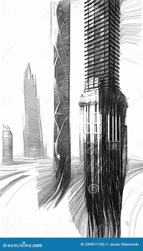 Drawings Sketch Of Futuristic City Skyscrapers Stock Illustration