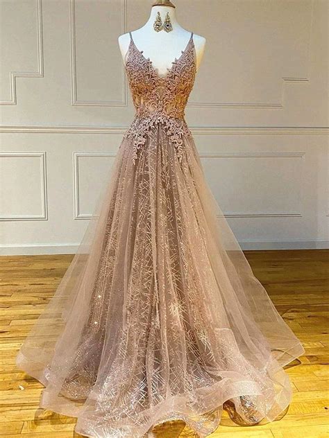 A Line V Neck Champagne Lace Prom Dresses Champagne Lace Formal